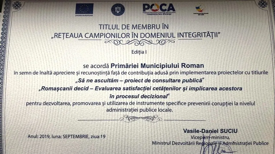 Municipiul Roman, premiat la conferința  „Rețeaua campionilor în domeniul integrității“